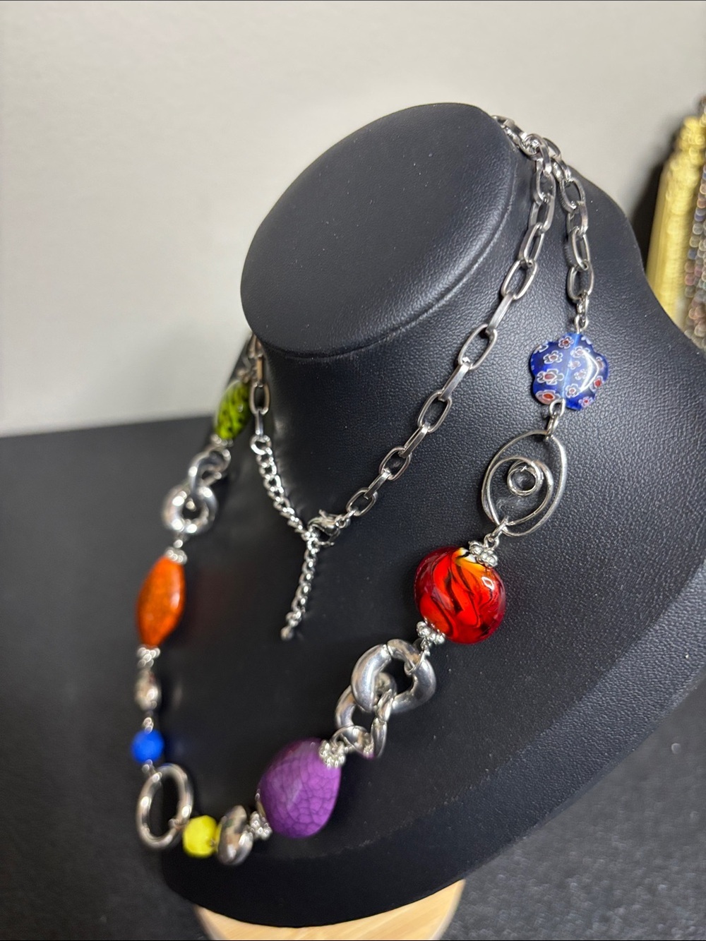 Multicolor Millefiori Glass Mixed Media Bead Statement Necklace Silver Tone - Picture 2 of 6